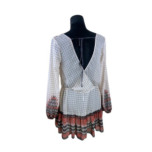 Free People Boho Geometric Chiffon Tunic Blouse Deep V-Neck SZ S Balloon Sleeves - Picture 4 of 8